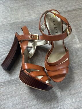 GUESS Brown Leather Platform Sandals with Ankle Strap